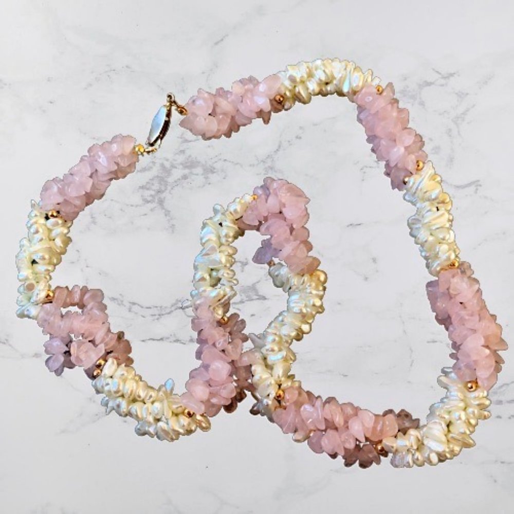 Vintage Necklace Freshwater Pearl + Rose Quartz Triple Multi-Strand Twis… - Picture 12 of 15